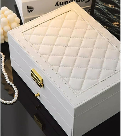 GUOER Jewelry Box for Women Girl Wife - Large PU Leather Jewelry Organizer Storage Case with Two Layers Display for Earrings Bracelets Rings Watches (White)