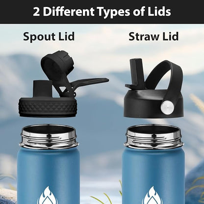SENDESTAR Insulated Water Bottle 24 oz, Double Wall Vacuum Leak Proof Stainless Steel Sports Water Bottle—Wide Mouth with New Flex Straw Lid & Spout Lid (Deep Blue&Black)