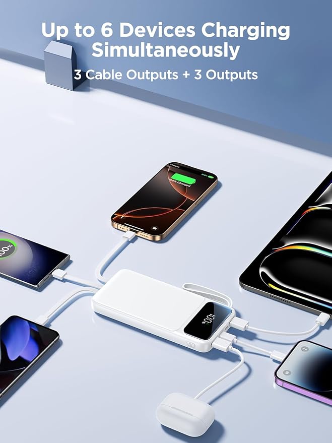 Power Bank, Portable Charger with Built in Cable 22.5W Fast Charging Battery Pack 10000mAh Slim 6 Outputs 3 Inputs LED Display Phone Charger for iPhone Samsung Pixel Moto iPad Travel Essential Gift
