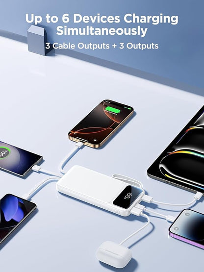 Power Bank, Portable Charger with Built in Cable 22.5W Fast Charging Battery Pack 10000mAh Slim 6 Outputs 3 Inputs LED Display Phone Charger for iPhone Samsung Pixel Moto iPad Travel Essential Gift