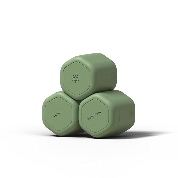 Cadence Travel Containers - Body Care Capsule Set - Magnetic Containers with Lids,Carry On Travel Essentials for Women/Men - 3 Flex Mediums (1.32oz) - Body Wash, Lotion & Sun Icon Labels - Eucalyptus