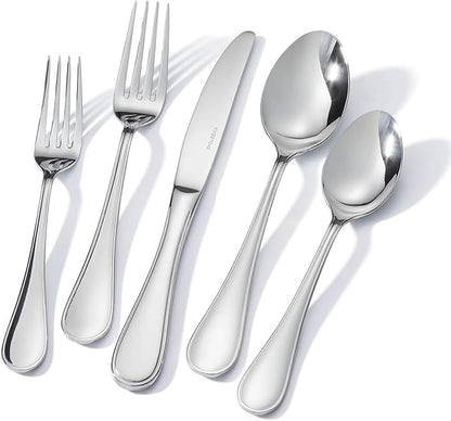 KINGSTONE 60 Piece Teardrop Silverware Set for 12, 18/10 Stainless Steel Flatware Set, Modern Design Cutlery Set for Home/Hotel/Wedding,Mirror Polished and Dishwasher Safe