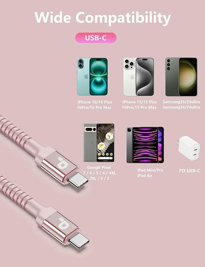 USBC Cables 6FT, 2Pack USB C to C Charger Cable, Long USBC Fast Charging Cable Nylon Braided USB C iPhone Charger Cord Compatible with iPhone 17 16/15/Pro Max/PlusSamsung Galaxy S23/LG and More-Pink