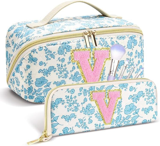Personalized Travel Makeup Bag Set,Initial Travel Cute Floral Makeup Organizer Bag,Toiletry Skincare Cosmetic Bag,Christmas Gifts for Women/Girls,Open Flat Toiletry Pouch with Brush Pocket-V