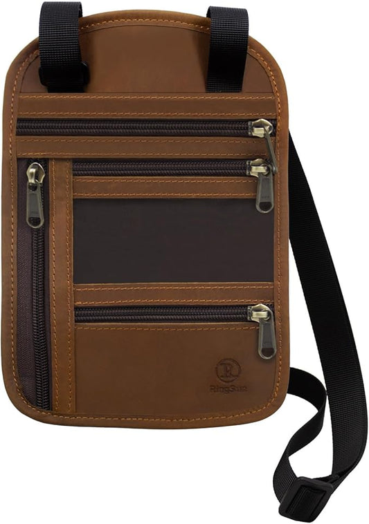 Ringsun Genuine Leather Passport Holder For Travel, RFID Blocking Slim Neck Wallet with Adjustable Strap for Women and Men, Travel Essentials to Keep Cash, Credit Cards and Documents Safe, Brown