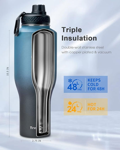 Trebo 40 oz Water Bottle Insulated Fit in Any Car Cup Holder,Triple Wall Vacuum Insulated Water Bottle (Cold for 48 Hrs, Hot for 24 Hrs),Leakproof Stainless Steel Tumbler Flask with Paracord Handle