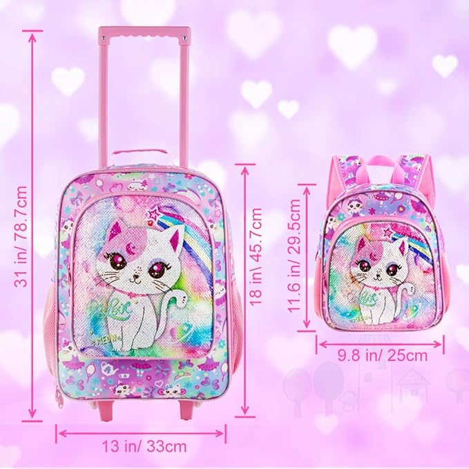 UFNDC 2PCS Kids Luggage Set, Girls Sequins Rolling Suitcase with Wheels, Travel Carry on for Children Toddler Elementary