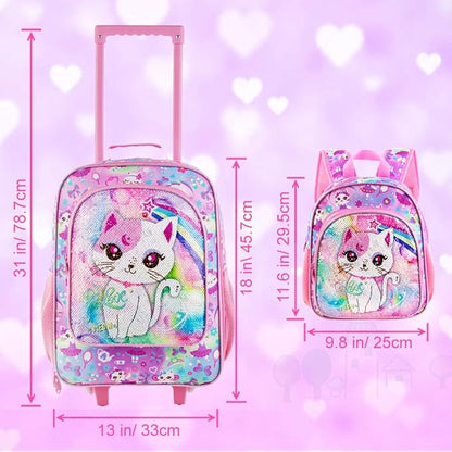 UFNDC 2PCS Kids Luggage Set, Girls Sequins Rolling Suitcase with Wheels, Travel Carry on for Children Toddler Elementary