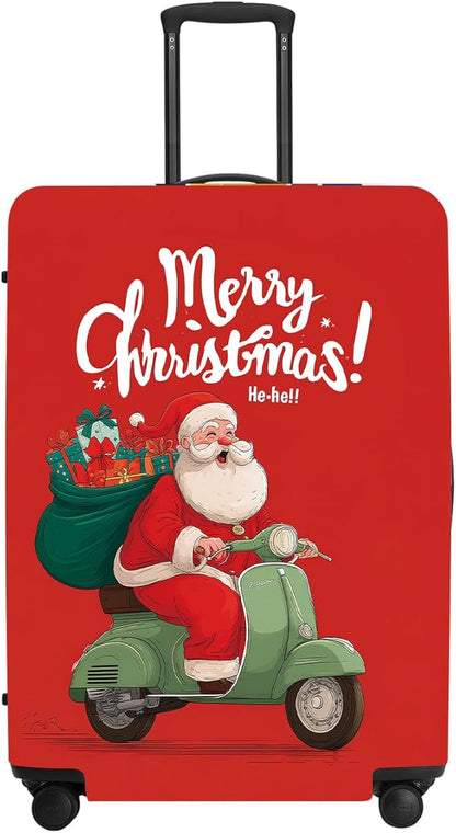 Santa on Scooter Luggage Cover - Christmas Riding Green Scooter with Gifts, Whimsical Modern Holiday Design for 32 34 Inch Travel