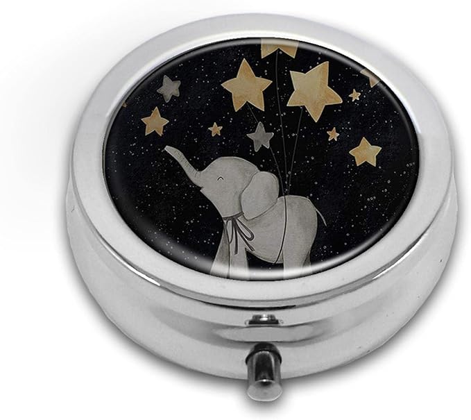 Pill Box,Cute Elephant Under The Star Round Pill Box 3 Compartment Decorative Pocket Purse Portable Mini Travel Medicine Tablet Vitamin Holder Organizer Pill Case