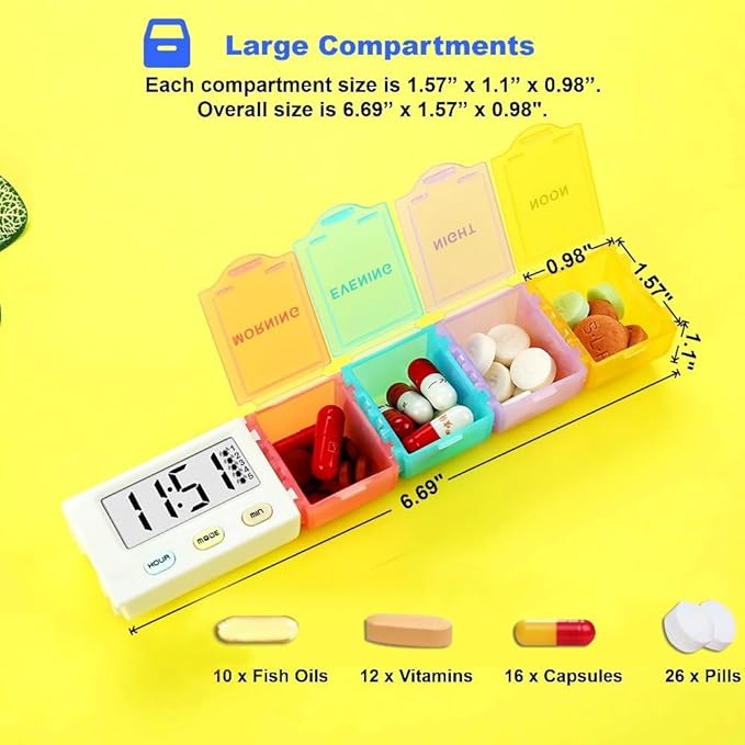 [4 in 1] 1 Day 4 Times Medicine Pill Organizer +5 Alarms + Timer+ Clock, Large Compartments,Loud Sound,Large Screen, Moisture-Proof,Dust-Proof, Travel Daily Pill Box/Organizer/Case/Container/Dispenser