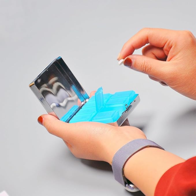 7 Days Chromed Shiny Silver Pill Organizer with Mirror Inside Has 8 Separate Compartments Rectangle Cute Travel Pill Organizer for Purse 7 Days (Black Scythe)