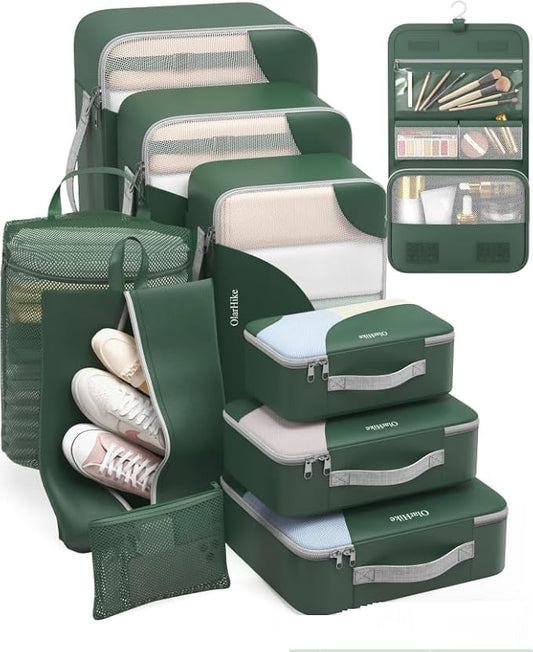 ALL INCLUDED 10 Set Durable Packing Cubes for Travel,Christmas Gifts for Women Mom, UPGRADED Anti-Tear Stitching, NEW Improved Luggage Packing Organizers for Suitcases Accessories (Holly Green)