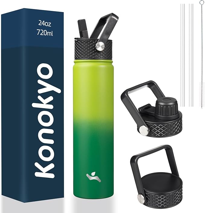 Insulated Water Bottle 24oz Stainless Steel Sport Bottles with 3 Lids,Bamboo Grove