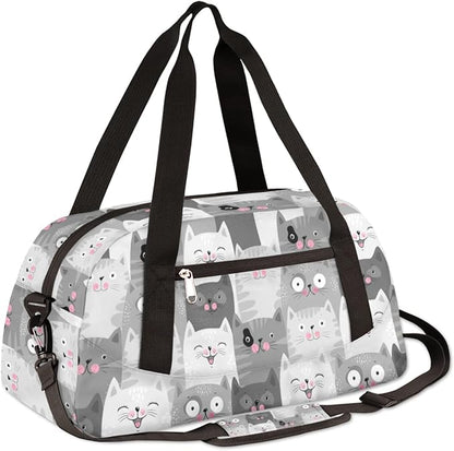 Cute Grey Cats Pattern Gym Duffle Bag for Kids,Sports Bag for Teens Boys & Girls Small Waterproof Overnight Weekender Carry School Practice Travel Bag