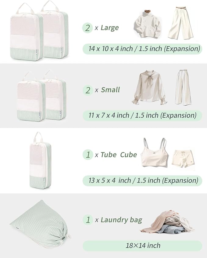 Narwey 6 Set Compression Packing Cubes for Travel Kids Women Carry on, Packing Organizers Bag for Backpack Luggage Suitcase Duffle Bags