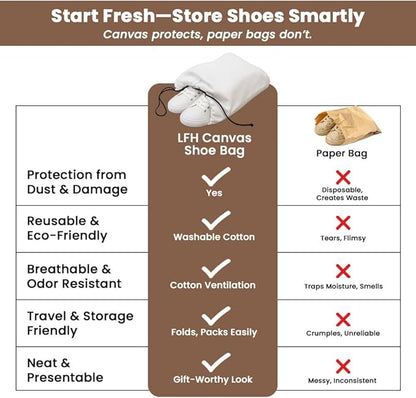 LFH Cotton Rich Shoe Storage Bags with Drawstring, Dustproof Breathable Reusable Organizer, Perfect For Travel, Dorm, Hotel, College, Gym, Easy to Carry, Machine Washable 8"x17" (Pack of 6) - White