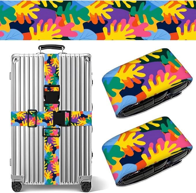 2PC,Abstract Color Luggage Strap 1.97 x 70.84 inch Multicolor Leaf Design Adjustable Suitcase Belt Durable Nylon Baggage Identifier Modern Travel Accessory