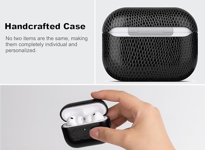 Handmade Case - for AirPods Pro 2 Case Cover - Selected Vegan Leather, Lizard Skin Texture, Drop Protective Hard Shell Cover for AirPods Pro 2nd Generation Earbuds - Black