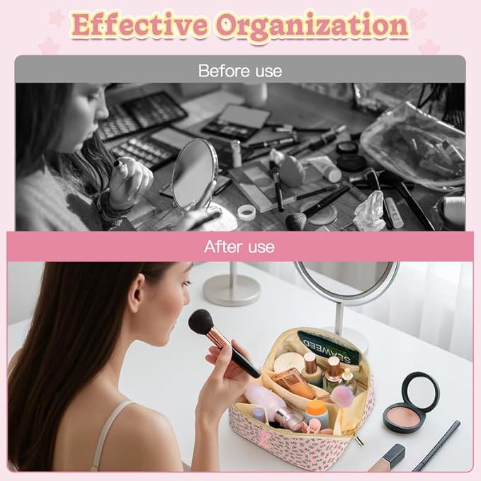 Personalized Travel Makeup Bag Set,Initial Travel Cute Floral Makeup Organizer Bag,Toiletry Skincare Cosmetic Bag,Christmas Gifts for Women/Girls,Open Flat Toiletry Pouch with Brush Pocket-N