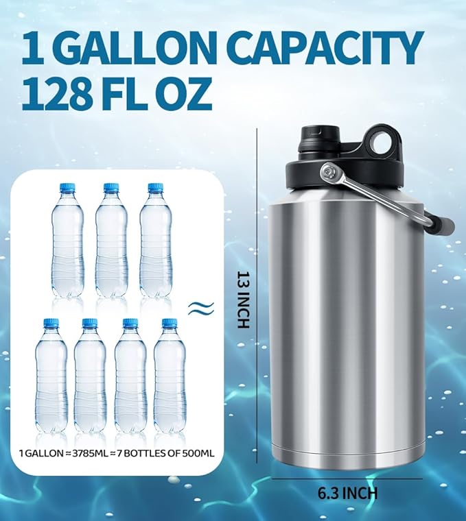 Insulated Water Bottle, 1 Gallon Jug with Handle, 128 oz Stainless Steel Large Water Bottle Wide Mouth Double Vacuum for Hot & Cold Drinks, Stainless Steel