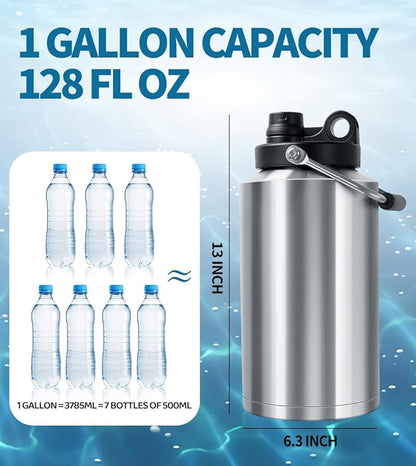 Insulated Water Bottle, 1 Gallon Jug with Handle, 128 oz Stainless Steel Large Water Bottle Wide Mouth Double Vacuum for Hot & Cold Drinks, Stainless Steel