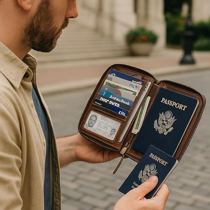 Passport Wallet - Travel Document Holder w/RFID Blocking – Full Grain Leather – Bifold compact zip around Wallet with Credit Card Slots for Women and Men, brown flag, 500-32