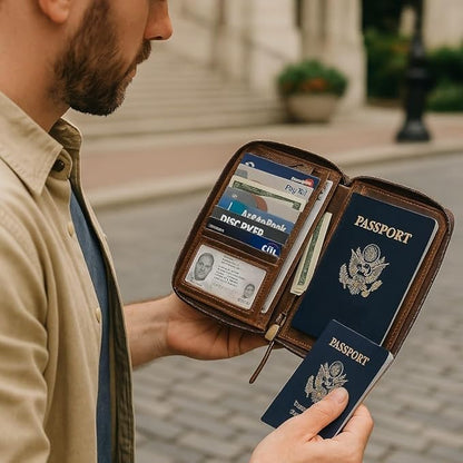 Passport Wallet - Travel Document Holder w/RFID Blocking – Full Grain Leather – Bifold compact zip around Wallet with Credit Card Slots for Women and Men, brown flag, 500-32