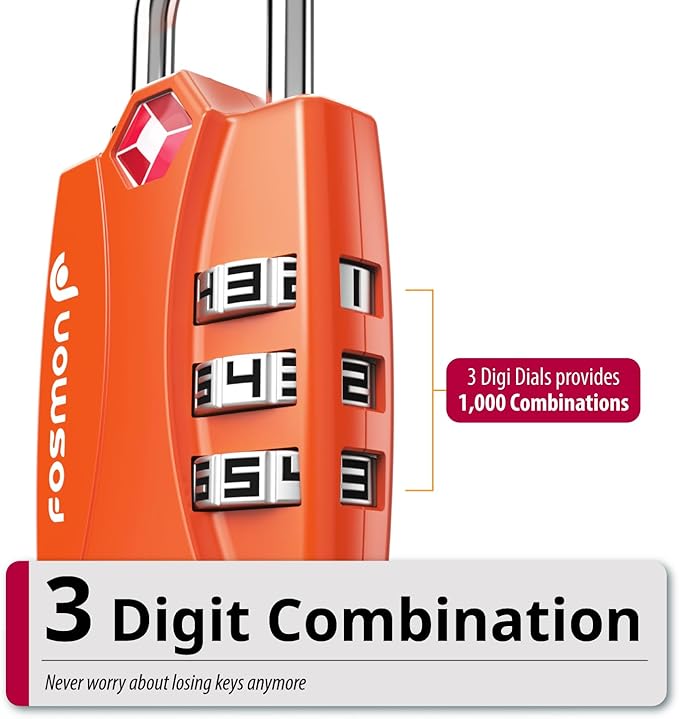Fosmon TSA Accepted Luggage Locks (Orange - 4 Packs), Open Alert Indicator 3 Digit Combination Padlock Codes for Travel Bag, Suit Case, Lockers