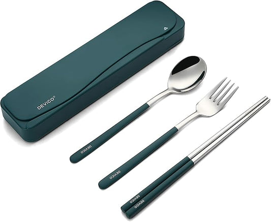 DEVICO Travel Utensils, 18/8 Stainless Steel Portable Reusable Camping Silverware Cutlery Flatware Set, 4-Piece Include Fork Spoon Chopsticks with Case (Dark Green)