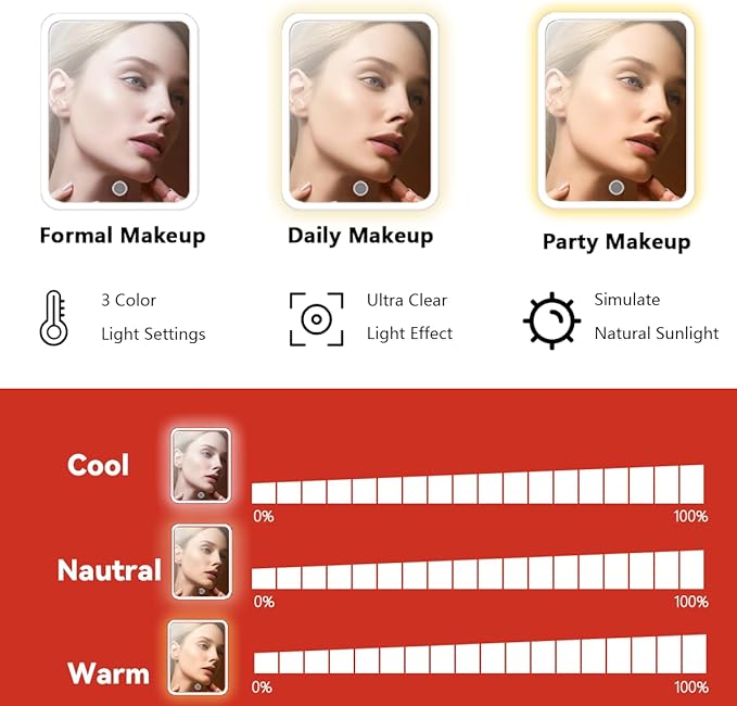 Travel Makeup Bag for Makeup Artists Large Makeup Case,with Mirror 3 Color Setting and Detachable 10x Magnifying Mirror Travel Makeup Bag,Portable Storage and Adjustable Dividers（red）