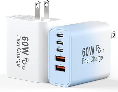 USB C Fast Charger Block, 60W 5-Port USB C Wall Charging Blocks, Type C Chargers Fast Charging Brick, 3USB C+2USB A PD&QC3.0 Multiport Charger Plug for Phone 17/16/15/14/13 ProMax, White+Blue Gradient