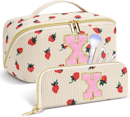Personalized Travel Makeup Bag Set,Initial Travel Strawberry Makeup Organizer Bag,Toiletry Skincare Cosmetic Bag,Christmas Gifts for Women/Girls,Open Flat Toiletry Pouch with Brush Pocket-X