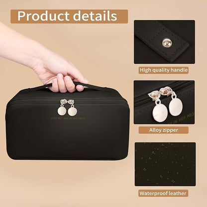Travel Makeup Bag, Large Capacity Cosmetic Organizer Bags for Women, Waterproof PU Leather Toiletry Bags, Wide Open Flat Makeup Case with Divider and Handle