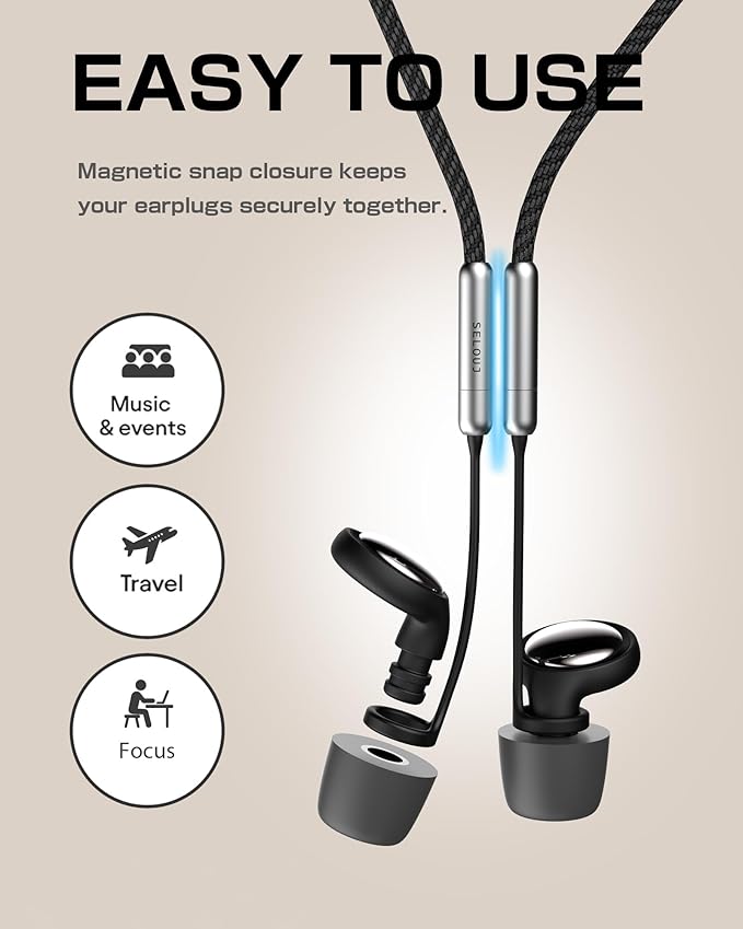 Ear Plugs for Sleeping and Concerts with Cord, Anti-Loss Reusable Earplugs, Ultra-Comfy, 45dB Noise Reducing, Hearing Protection for Travel & Focus, 7 Pair Silicone & Foam Eartips, Slumber Beige