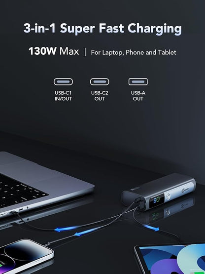 X DIGI Power Bank 20000mAh, 130W Laptop Portable Charger, 72Wh PD Fast Charging Battery Pack, TFT Smart Digital Display, 3-Port USB C Battery Pack Compatible with MacBook, iPhone 15, Samsung and More