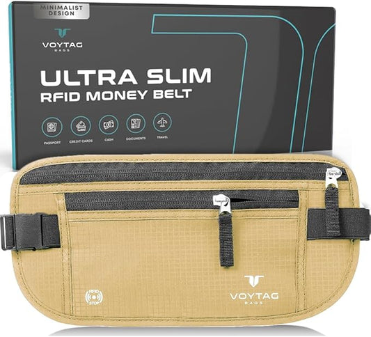 Travel Money Belt & Passport Holder - RFID Blocking Slim Travel Wallet & Fanny Pack for Men and Women - Essential Travel Pouch for Cash, Credit Cards, and Documents (Beige)