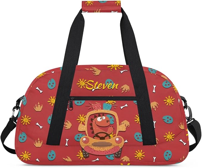 Personalized Duffel Bag for Kids Girls Boys, Dinosaur Police Car Custom Name Gym Bag Overnight with Padded Handles Carry On Weekend Sports Travel Bag for School Practice Gymnastics Ballet