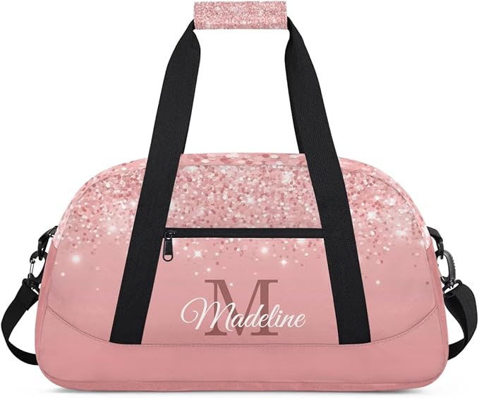 Personalized Kids Sports Duffel Bag with Name Custom Weekender Overnight Bag for Boys Girls Gym Bag Travel Dance Gymnastics Duffel Bag, Pink Glitter