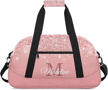 Personalized Kids Sports Duffel Bag with Name Custom Weekender Overnight Bag for Boys Girls Gym Bag Travel Dance Gymnastics Duffel Bag, Pink Glitter