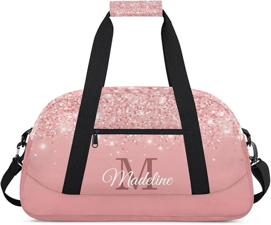 Personalized Kids Sports Duffel Bag with Name Custom Weekender Overnight Bag for Boys Girls Gym Bag Travel Dance Gymnastics Duffel Bag, Pink Glitter