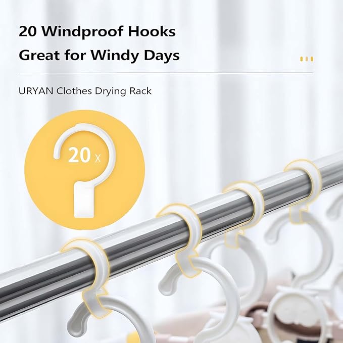 URYAN 95 Inches Clothes Drying Rack, Heavy Duty Stainless Steel Laundry Drying Rack Folding Indoor Outdoor, Portable Drying Rack Clothing, Blanket Rack Clothesline with 20 Windproof Hooks