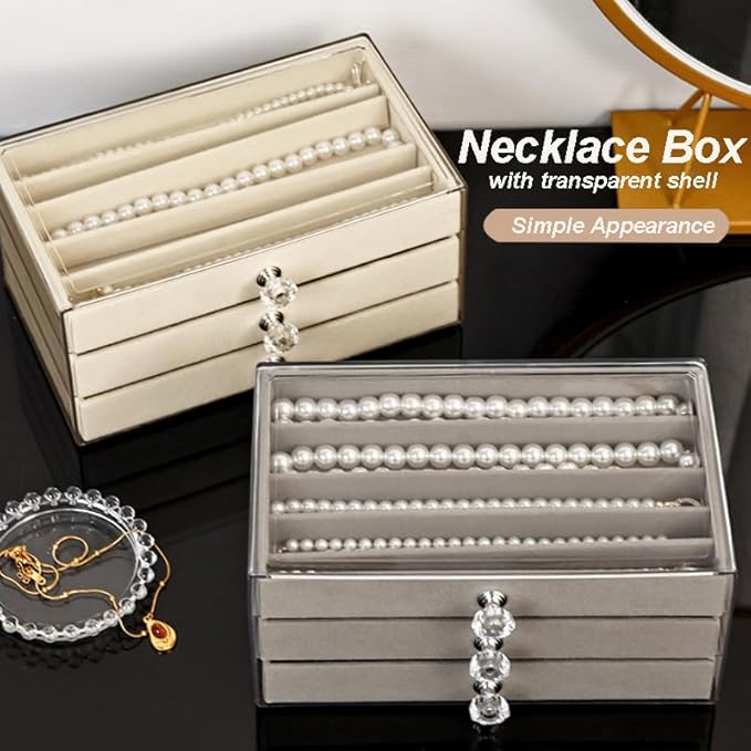 SPAKOWN Necklace Organizer Box, Velvet Necklace Box Holder Tray with Clear Lid Chains Showcase Stackable Necklace Storage for Pendant Bracelet (3 Drawers - Beige)