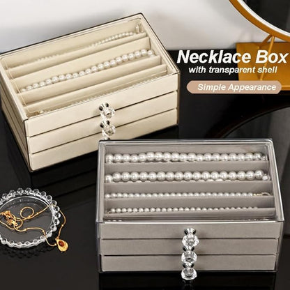 SPAKOWN Necklace Organizer Box, Velvet Necklace Box Holder Tray with Clear Lid Chains Showcase Stackable Necklace Storage for Pendant Bracelet (3 Drawers - Beige)