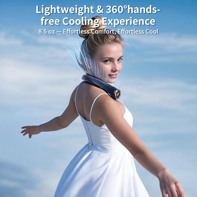 Portable Neck Fan with 6000mAh USB - Rechargeable Battery, Ultra-Light Bladeless Neck Fan LED Display, 360° Cooling Wearable Fan, 3 Speeds (Blue)