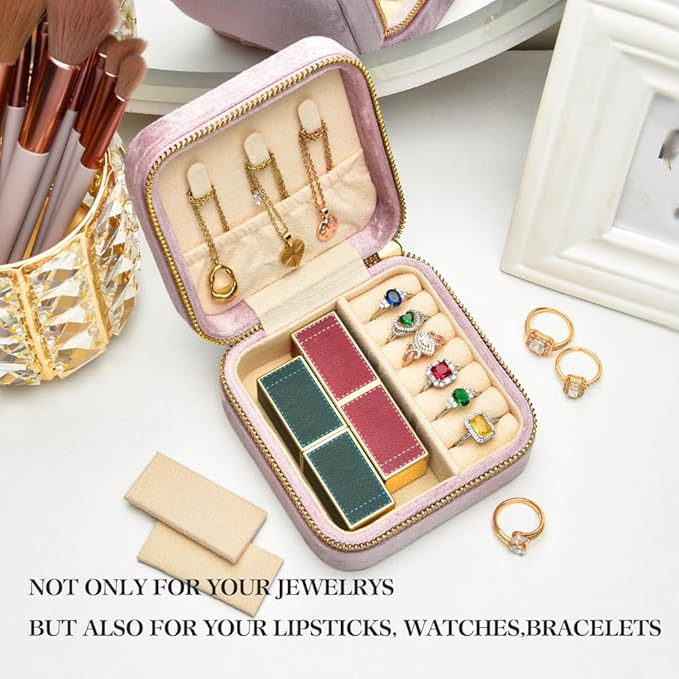 TAIMY Plush Velvet Travel Jewelry Box, Small Travel Jewelry Case, Portable Mini Jewelry Travel Organizer Boxes for Rings Earrings Necklaces Bracelets(Pink Lavender,No Mirror)