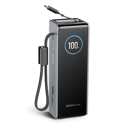 EF ECOFLOW Rapid Power Bank, 25,000mAh, 170W, 100W Built-in and Retractable Cables, Portable Charger with Triple 100W USB-C Port, Compatible with iPhone 17/16/15/14, Samsung, Laptop and More, Silver