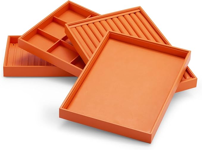 Oirlv Luxury Orange Leather Jewelry Tray Stackable Flat Jewelry Drawer Organizer Earrings Rings Bracelets Storage
