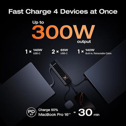 EF ECOFLOW Rapid Pro Power Bank (27650mAh, 300W Max Output, 140W Built-in Cable), 4-Port Portable Charger, TSA-Approved, Up to 320W Recharge, Compatible with MacBook, iPhone 17/16/15, Galaxy, Laptop