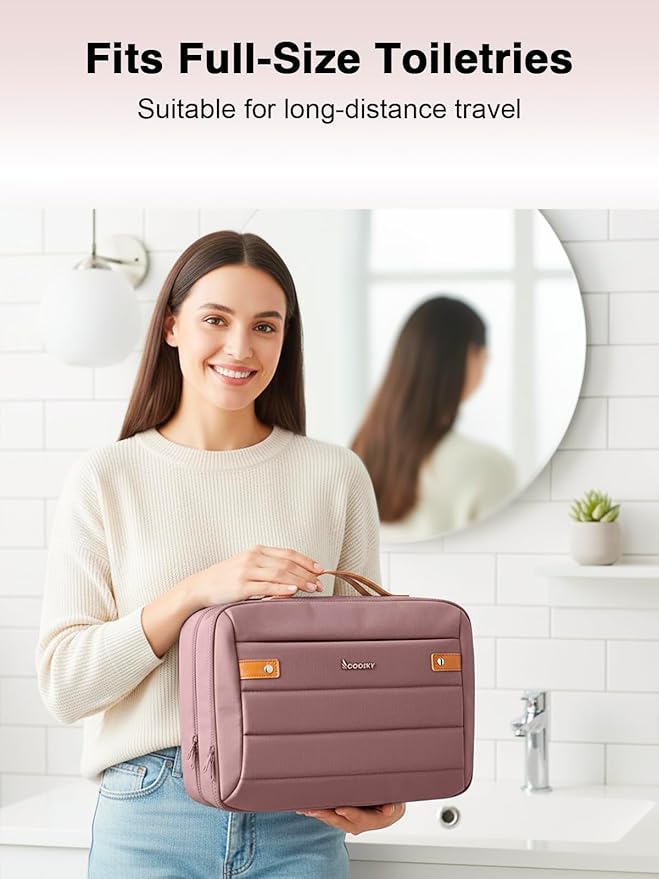 Women's Hanging Toiletry Bag, Waterproof Travel Cosmetic Organizer with Jewelry Storage, Large Capacity Makeup Case for Full-Size Skincare & Bathroom Essentials, Portable Cosmetic kit, Dark Purple